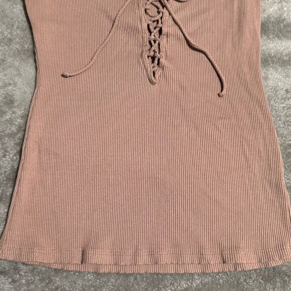 Express Taupe Ribbed Deep V Lace Up Tank M - Picture 3 of 5